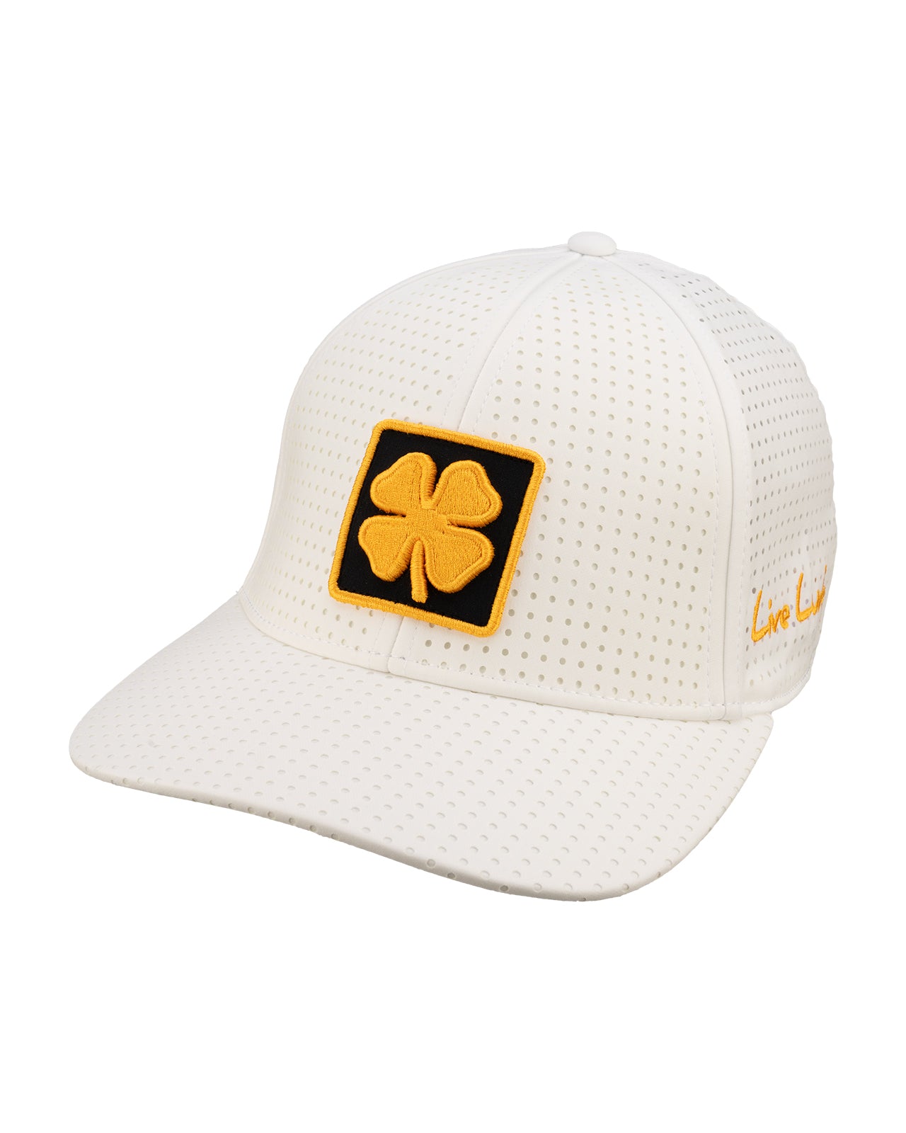 White perforated hat from Black Clover featuring University of Iowa Hawkeyes logo