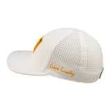 White perforated hat from Black Clover featuring University of Iowa Hawkeyes logo