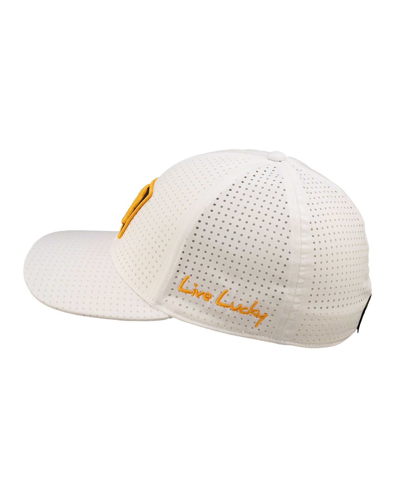 White perforated hat from Black Clover featuring University of Iowa Hawkeyes logo