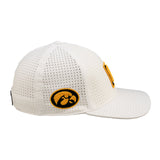 White perforated hat from Black Clover featuring University of Iowa Hawkeyes logo