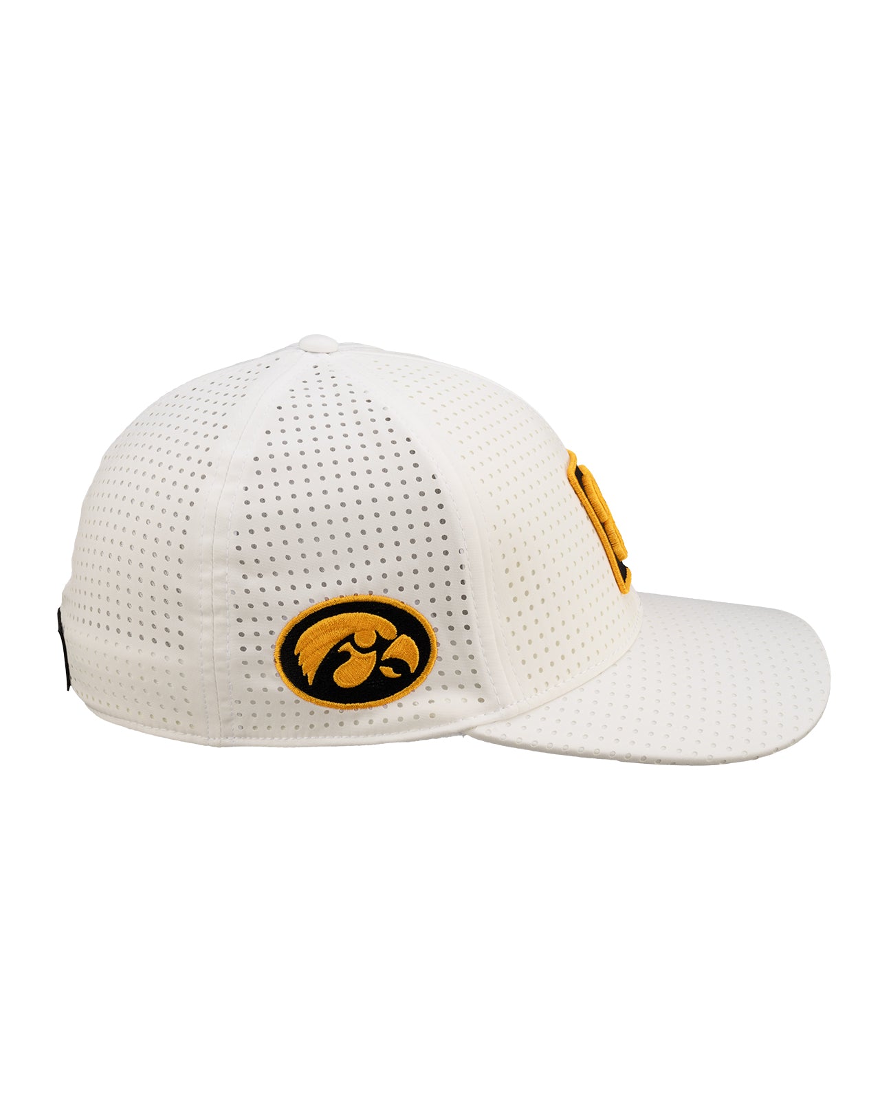 White perforated hat from Black Clover featuring University of Iowa Hawkeyes logo