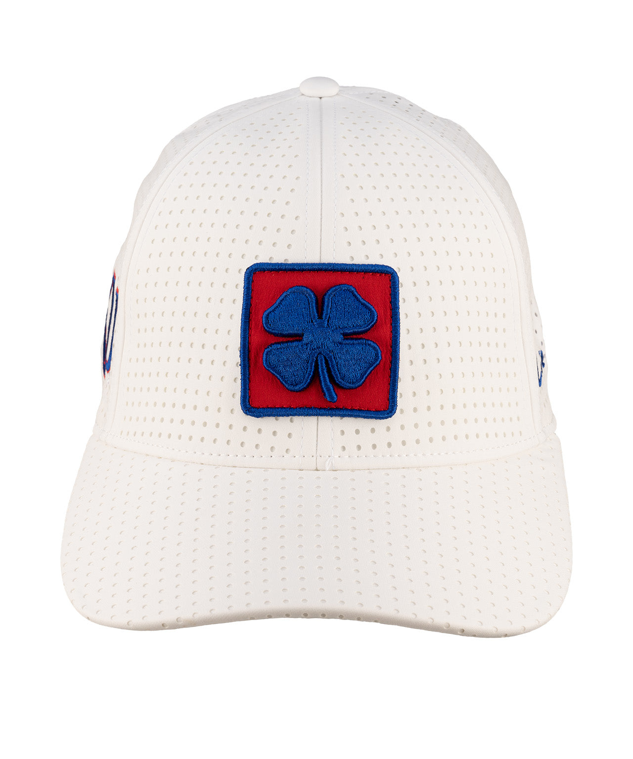 White perforated hat from Black Clover featuring the University of Kansas Jayhawks logo