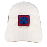 White perforated hat from Black Clover featuring the University of Kansas Jayhawks logo