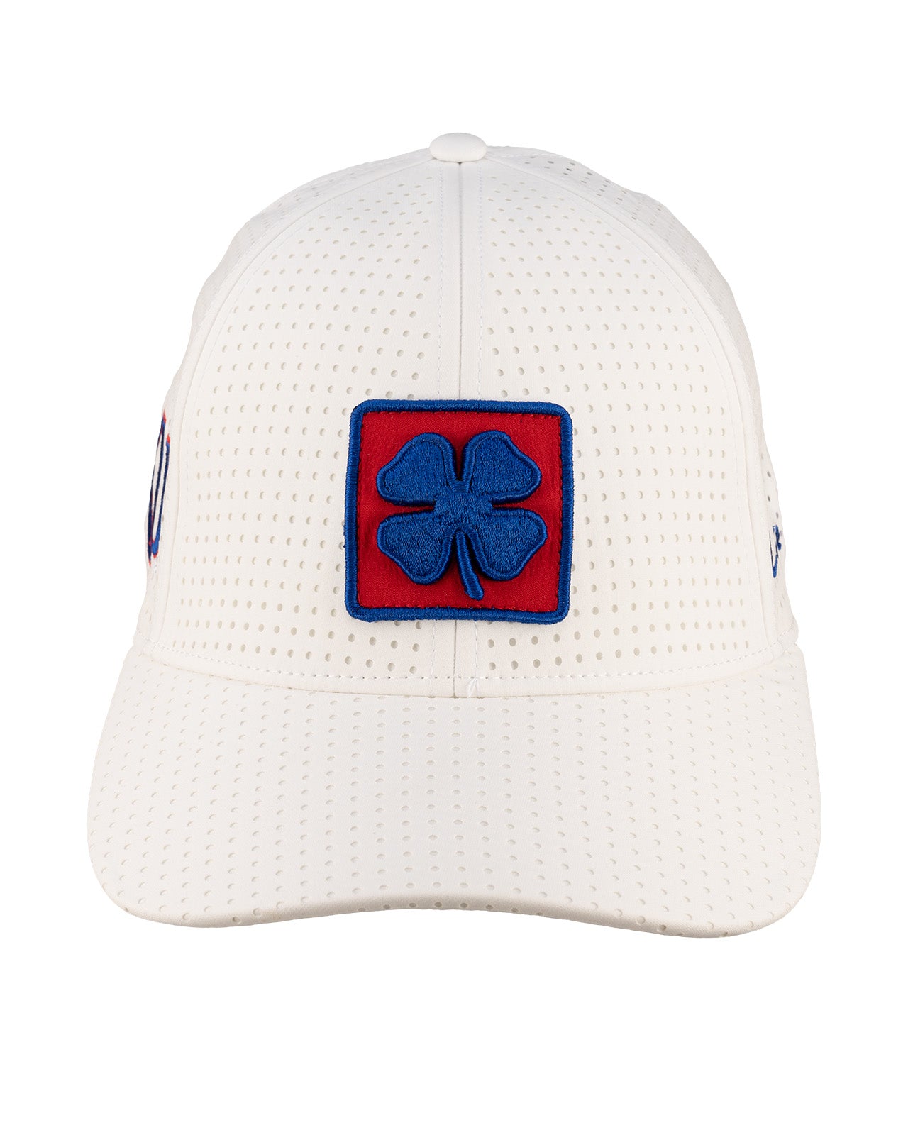 White perforated hat from Black Clover featuring the University of Kansas Jayhawks logo