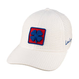 White perforated hat from Black Clover featuring the University of Kansas Jayhawks logo