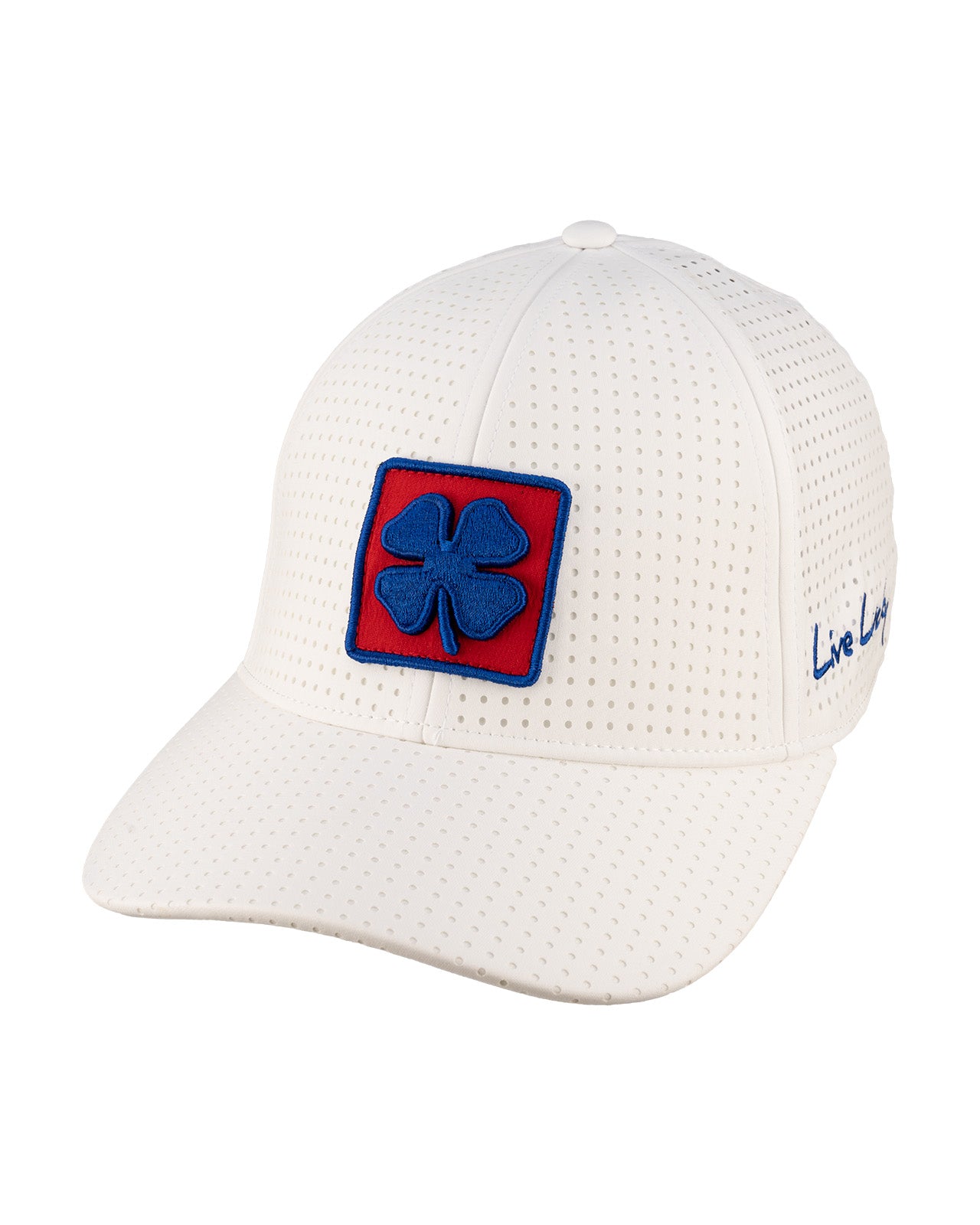 White perforated hat from Black Clover featuring the University of Kansas Jayhawks logo