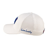 White perforated hat from Black Clover featuring the University of Kansas Jayhawks logo