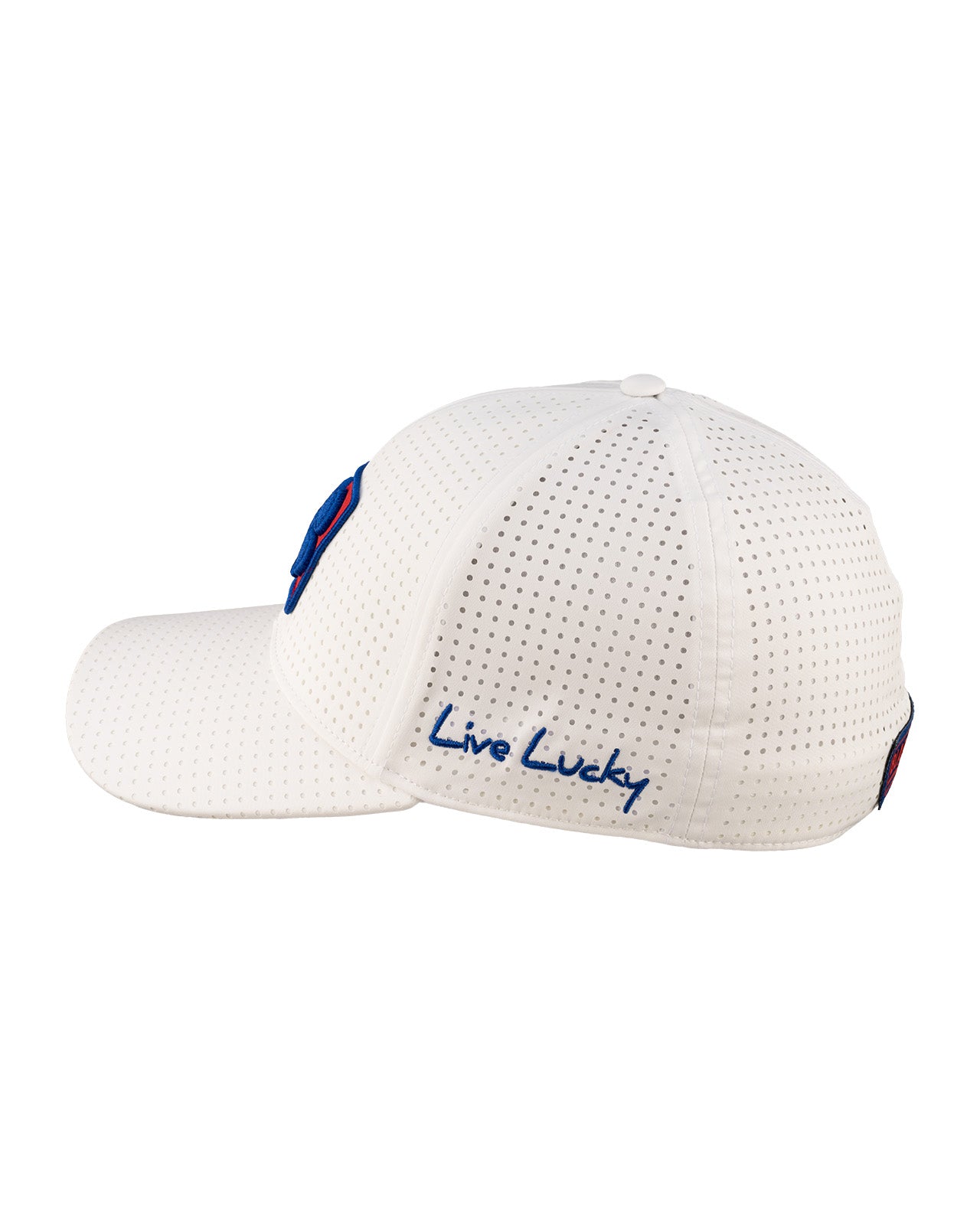 White perforated hat from Black Clover featuring the University of Kansas Jayhawks logo