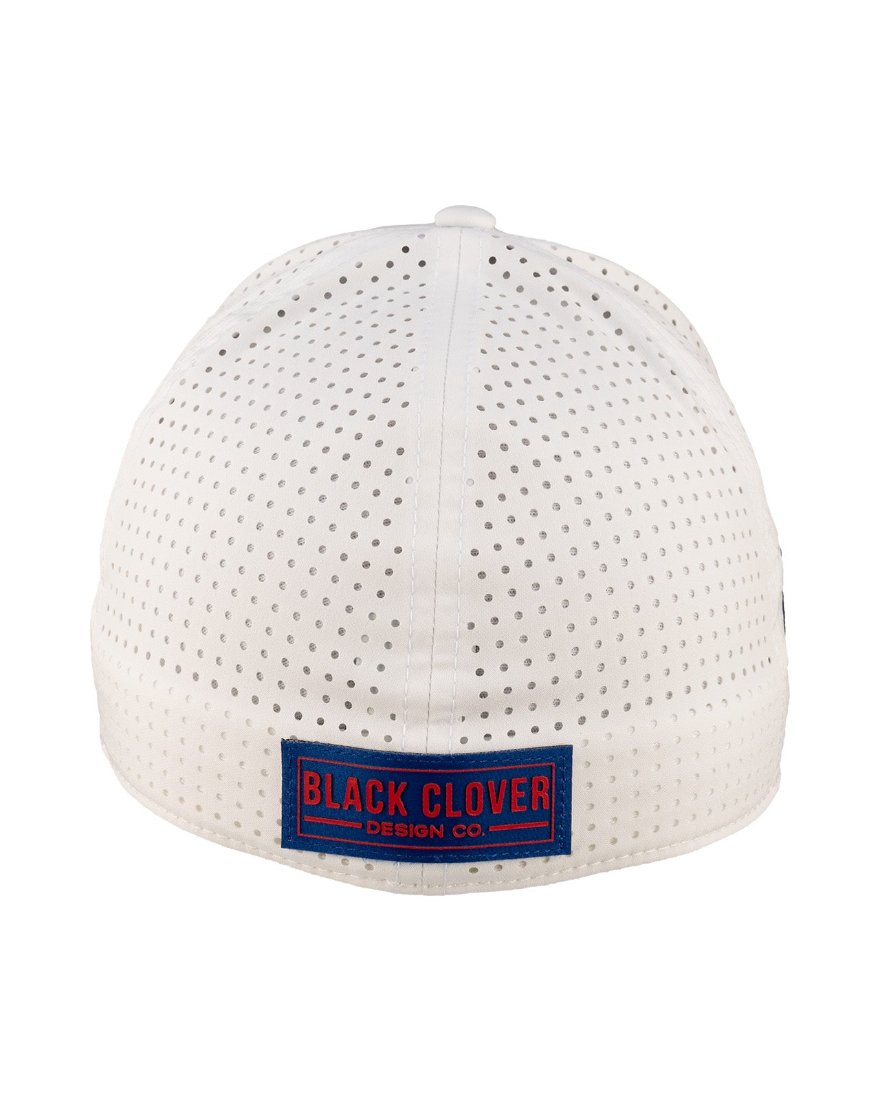 White perforated hat from Black Clover featuring the University of Kansas Jayhawks logo