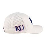 White perforated hat from Black Clover featuring the University of Kansas Jayhawks logo