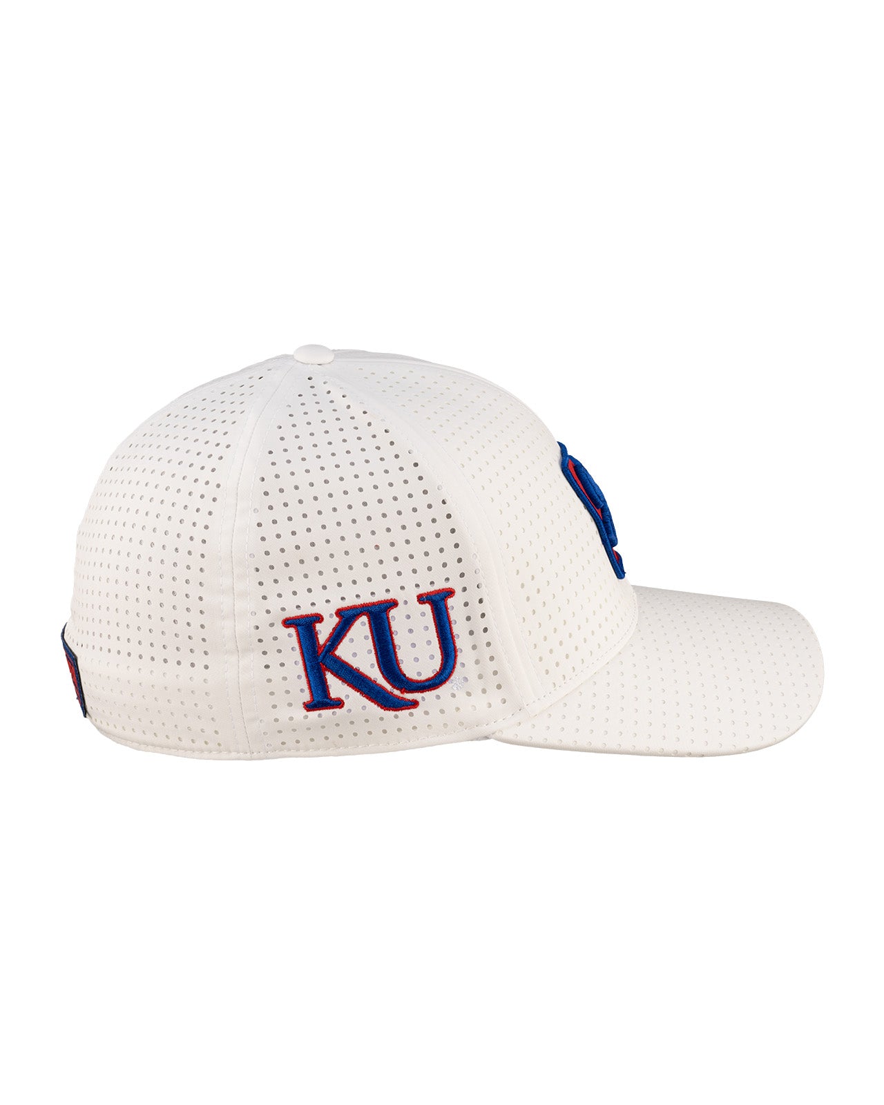 White perforated hat from Black Clover featuring the University of Kansas Jayhawks logo