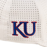 White perforated hat from Black Clover featuring the University of Kansas Jayhawks logo