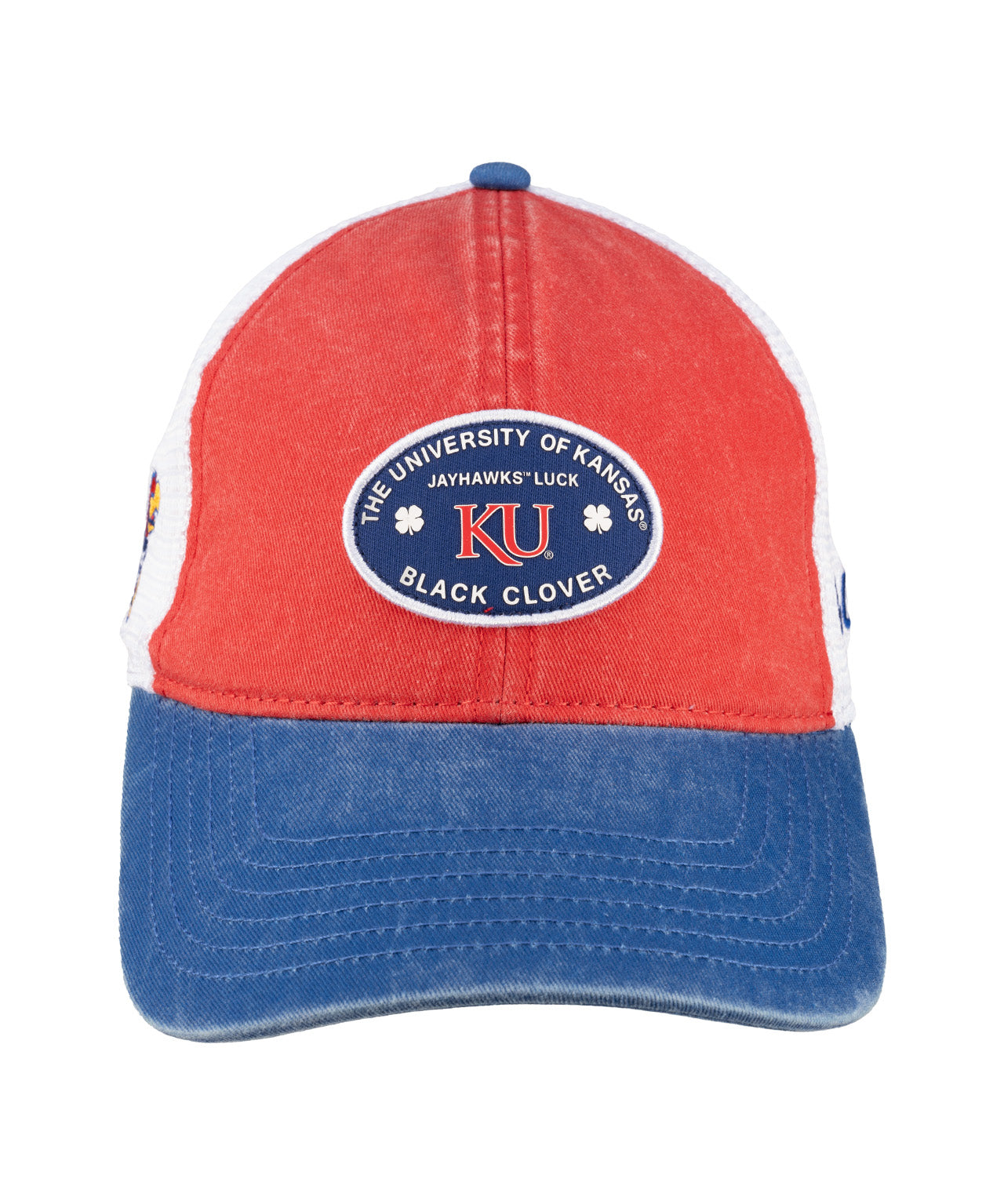 Red and blue two tone vintage style hat from Black Clover featuring the University of Kansas Jayhawks logo