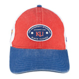 Red and blue two tone vintage style hat from Black Clover featuring the University of Kansas Jayhawks logo