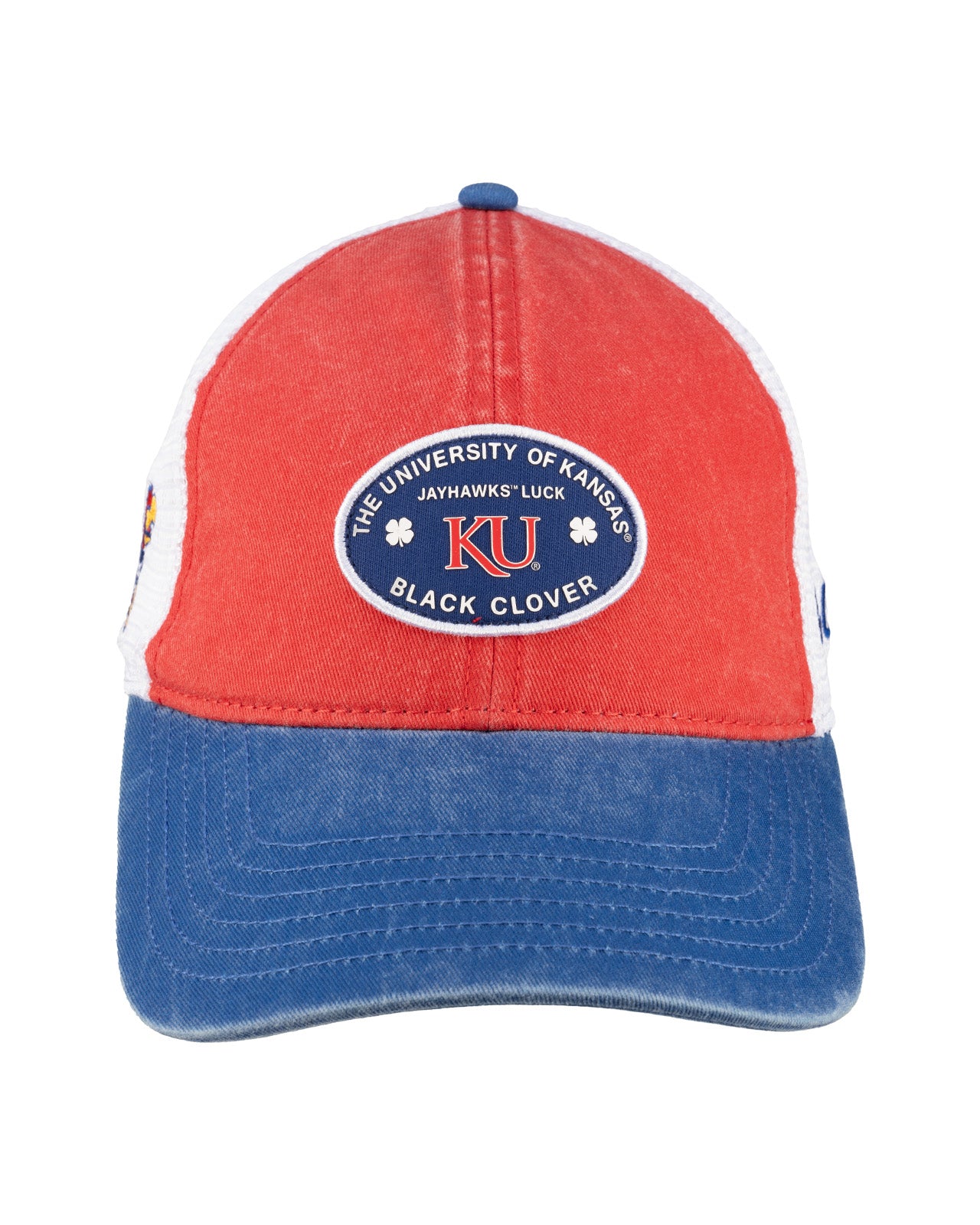 Red and blue two tone vintage style hat from Black Clover featuring the University of Kansas Jayhawks logo