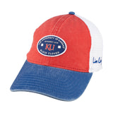 Red and blue two tone vintage style hat from Black Clover featuring the University of Kansas Jayhawks logo