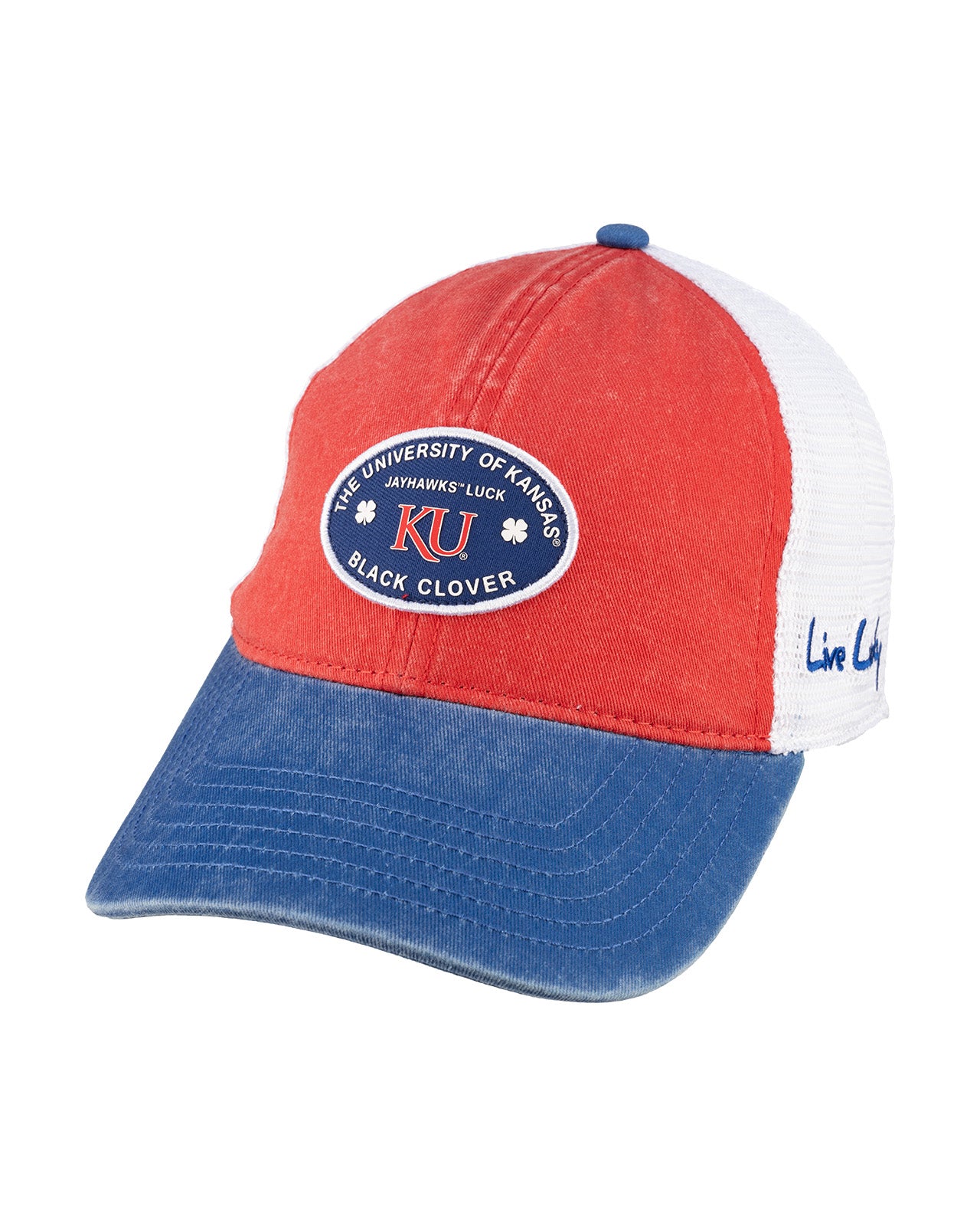 Red and blue two tone vintage style hat from Black Clover featuring the University of Kansas Jayhawks logo