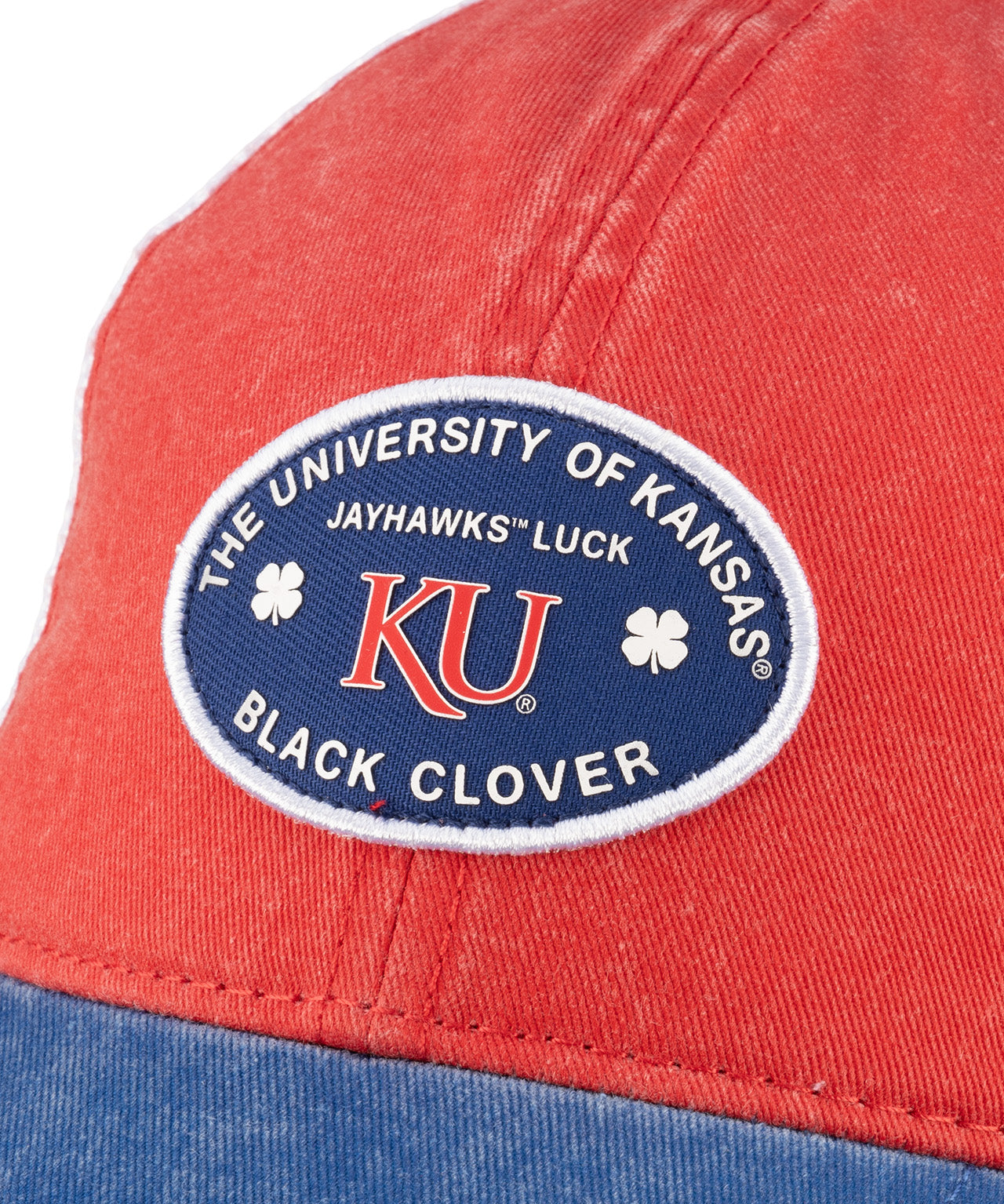 Red and blue two tone vintage style hat from Black Clover featuring the University of Kansas Jayhawks logo