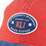 Red and blue two tone vintage style hat from Black Clover featuring the University of Kansas Jayhawks logo