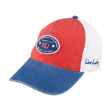 Red and blue two tone vintage style hat from Black Clover featuring the University of Kansas Jayhawks logo