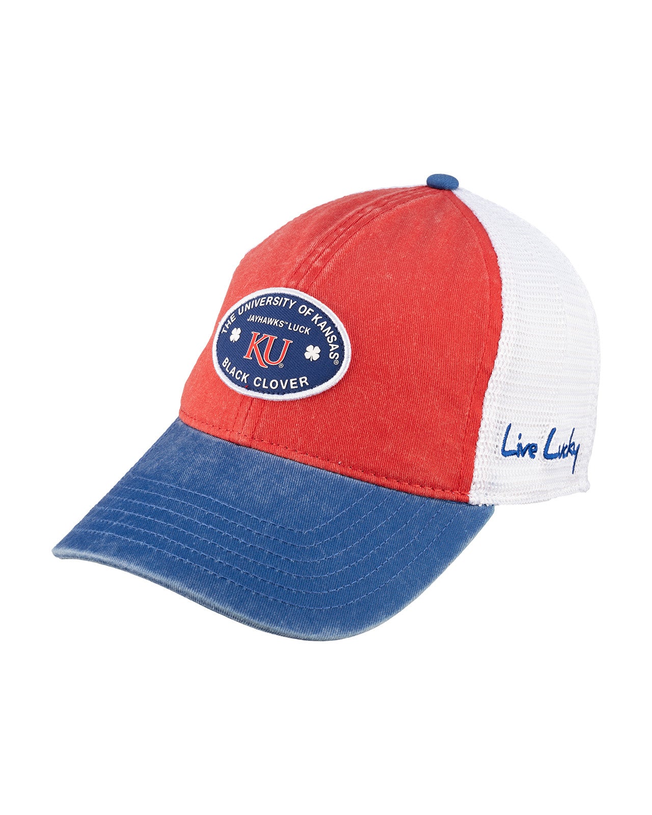 Red and blue two tone vintage style hat from Black Clover featuring the University of Kansas Jayhawks logo