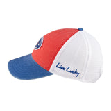 Red and blue two tone vintage style hat from Black Clover featuring the University of Kansas Jayhawks logo