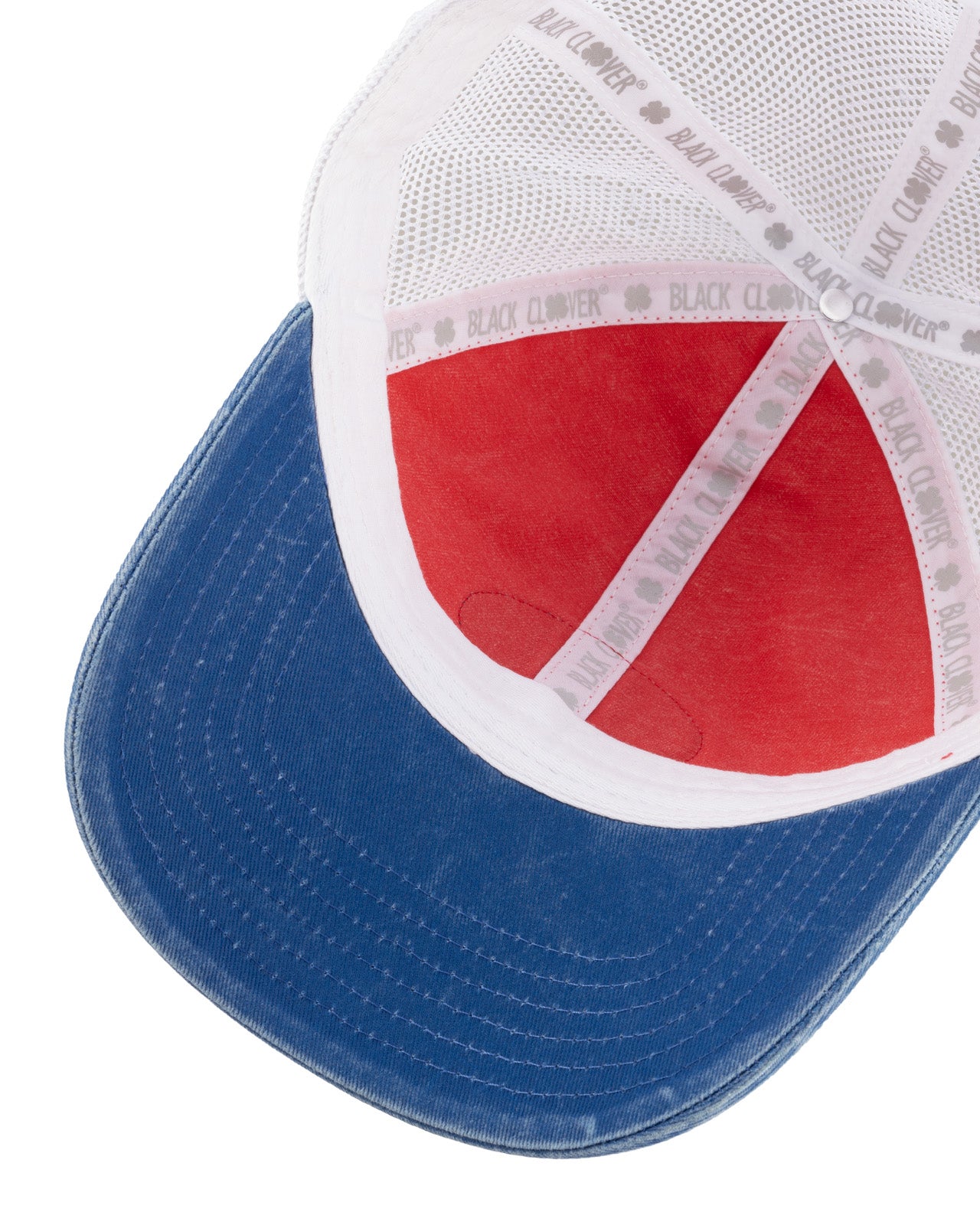 Red and blue two tone vintage style hat from Black Clover featuring the University of Kansas Jayhawks logo