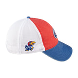 Red and blue two tone vintage style hat from Black Clover featuring the University of Kansas Jayhawks logo