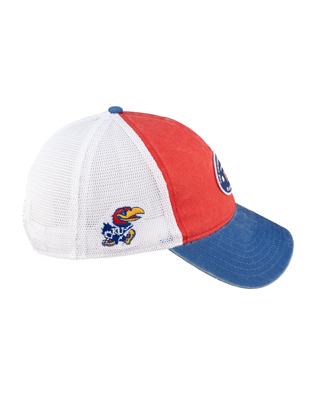 Red and blue two tone vintage style hat from Black Clover featuring the University of Kansas Jayhawks logo