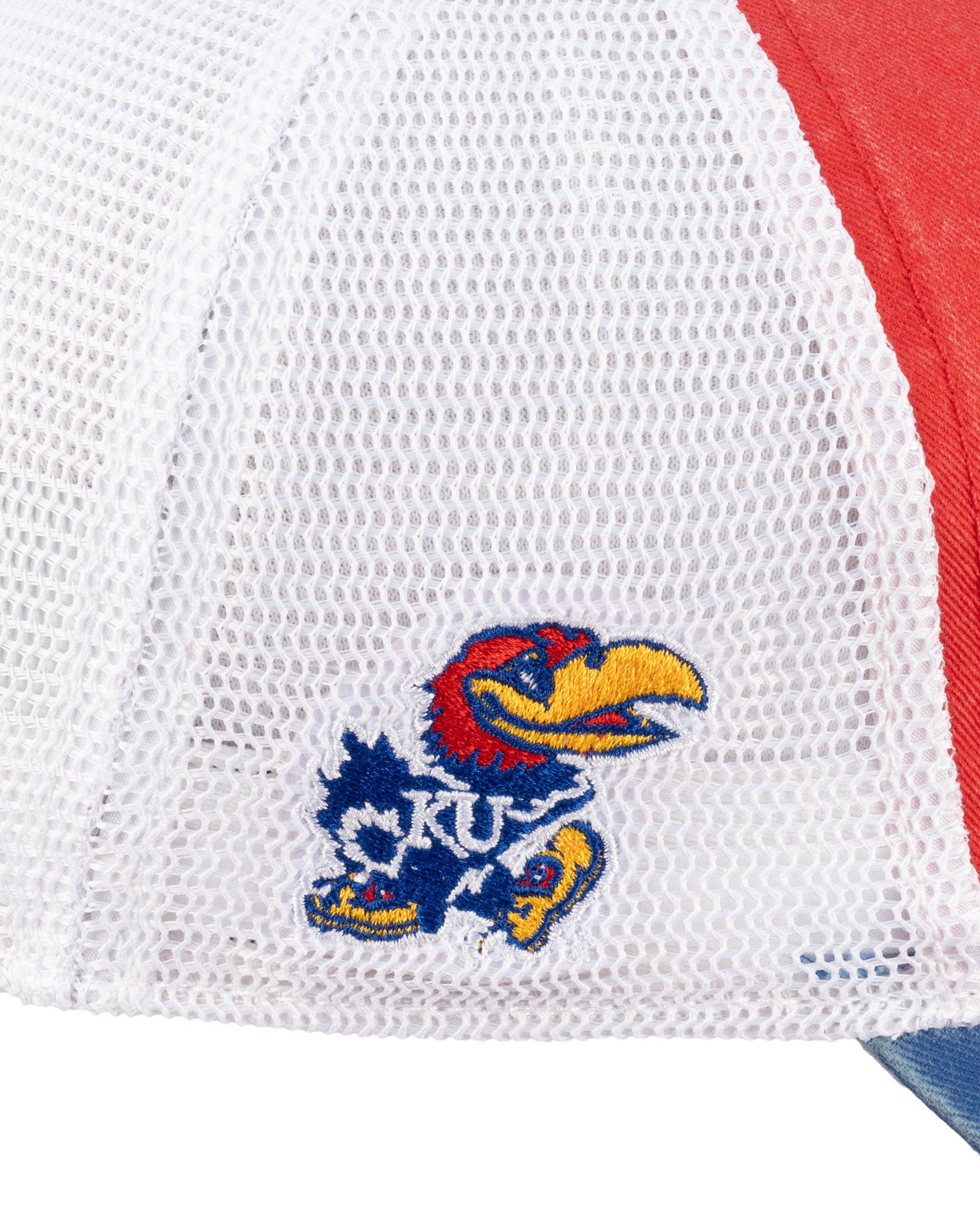 Red and blue two tone vintage style hat from Black Clover featuring the University of Kansas Jayhawks logo