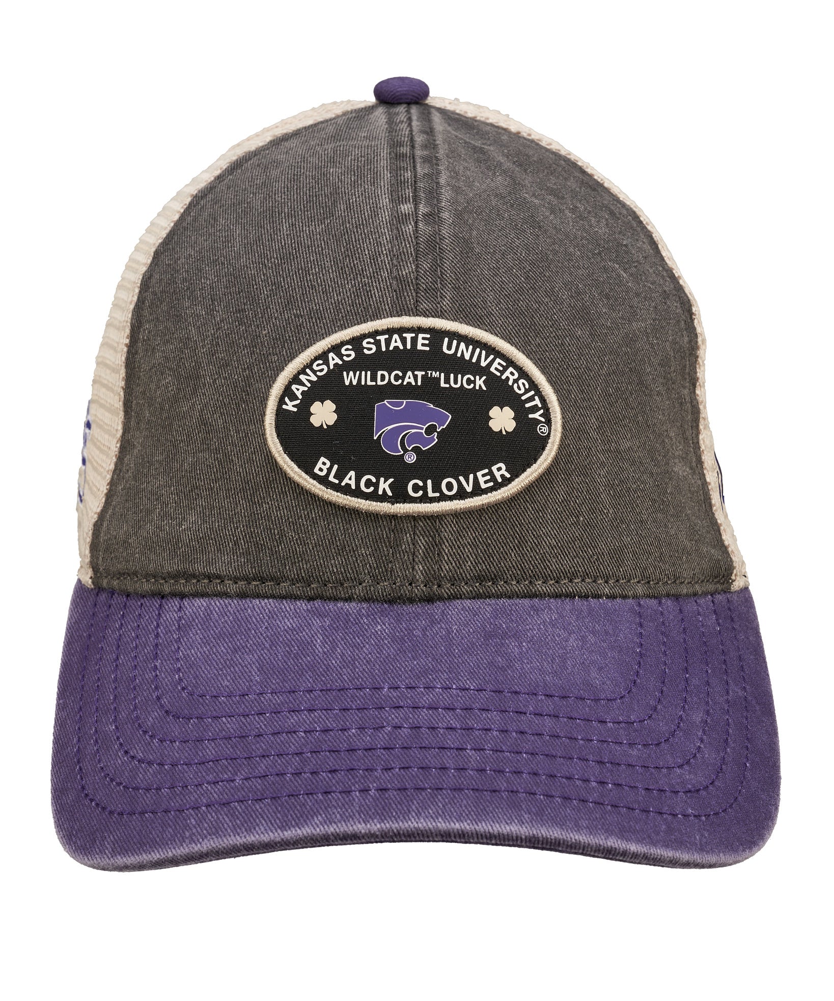 Grey and purple two tone vintage style hat from Black Clover featuring Kansas state wildcats logo