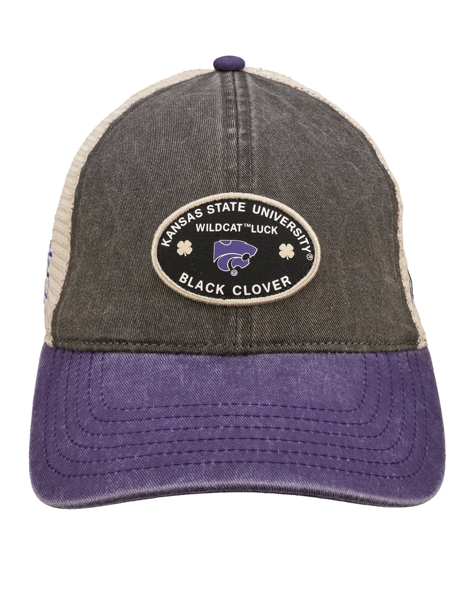 Grey and purple two tone vintage style hat from Black Clover featuring Kansas state wildcats logo