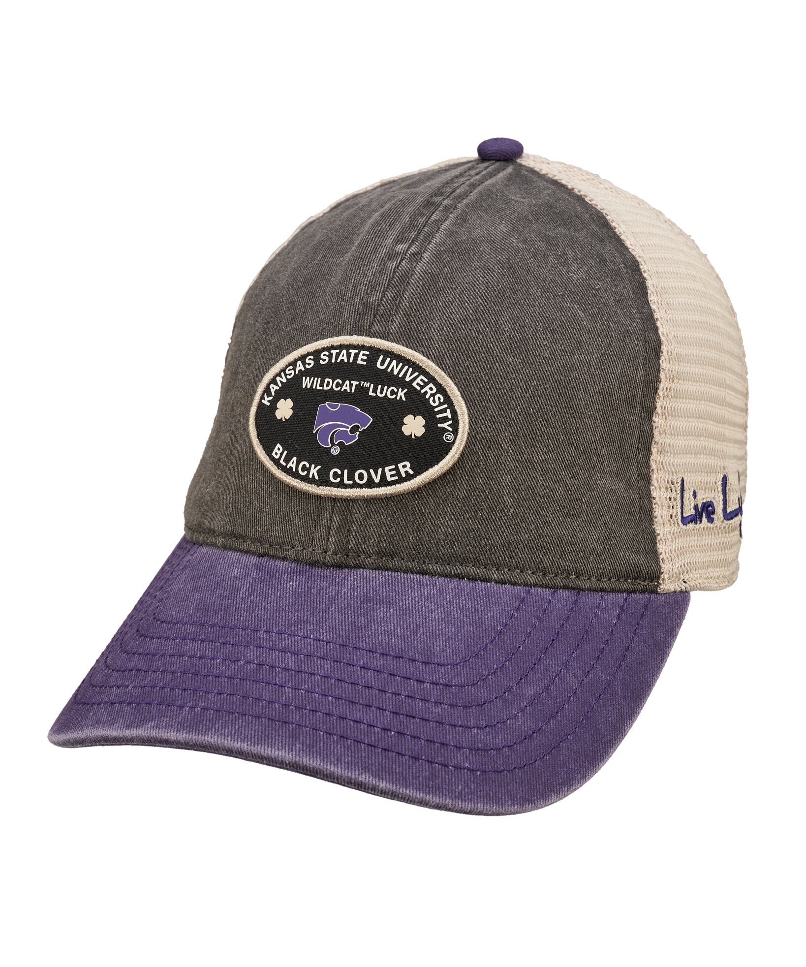 Grey and purple two tone vintage style hat from Black Clover featuring Kansas state wildcats logo