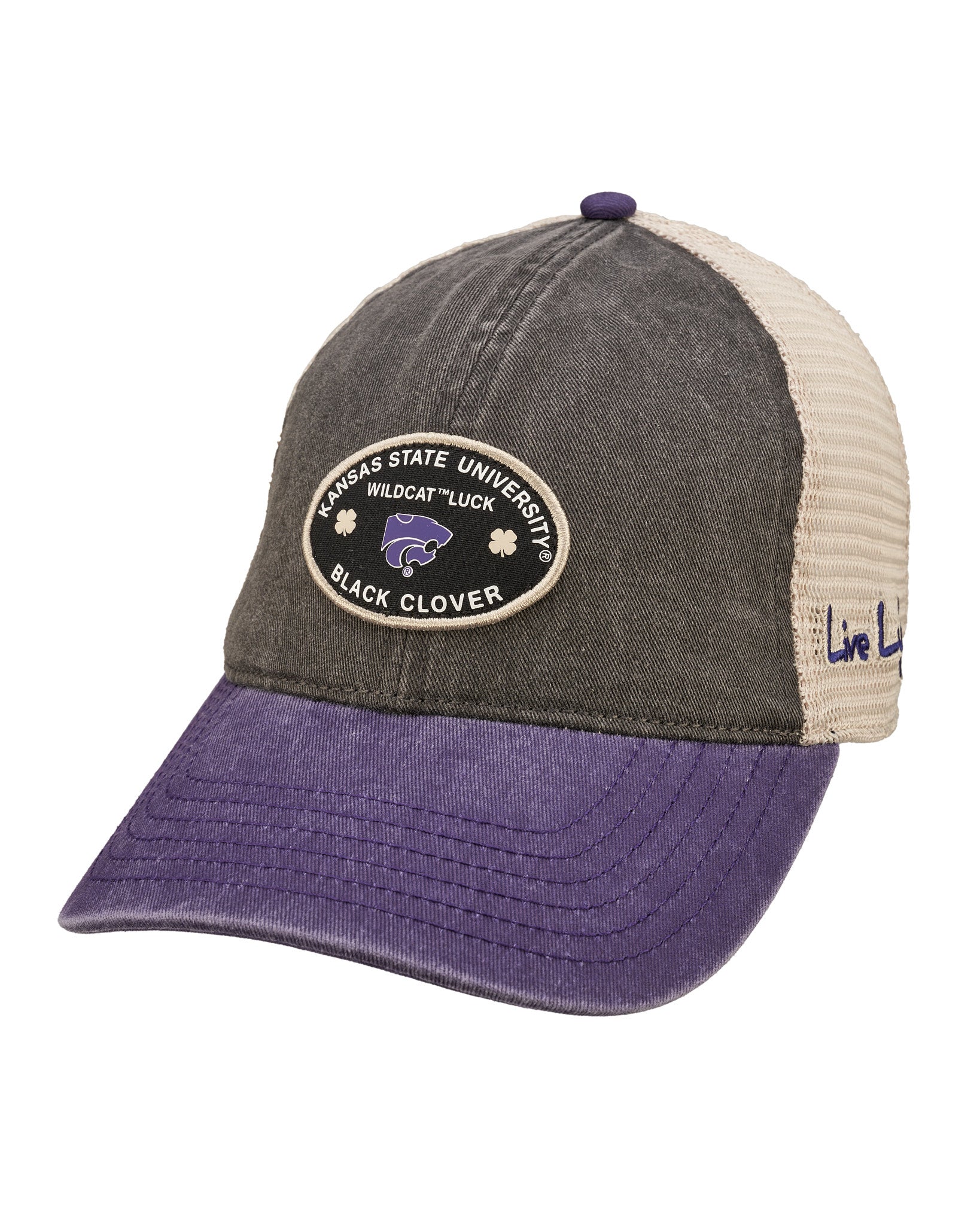 Grey and purple two tone vintage style hat from Black Clover featuring Kansas state wildcats logo