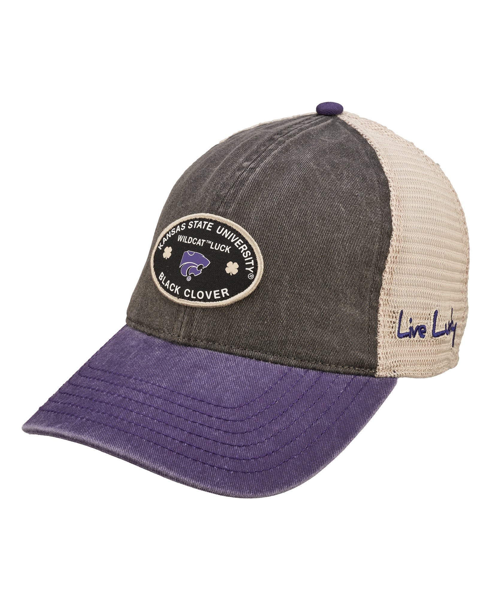 Grey and purple two tone vintage style hat from Black Clover featuring Kansas state wildcats logo