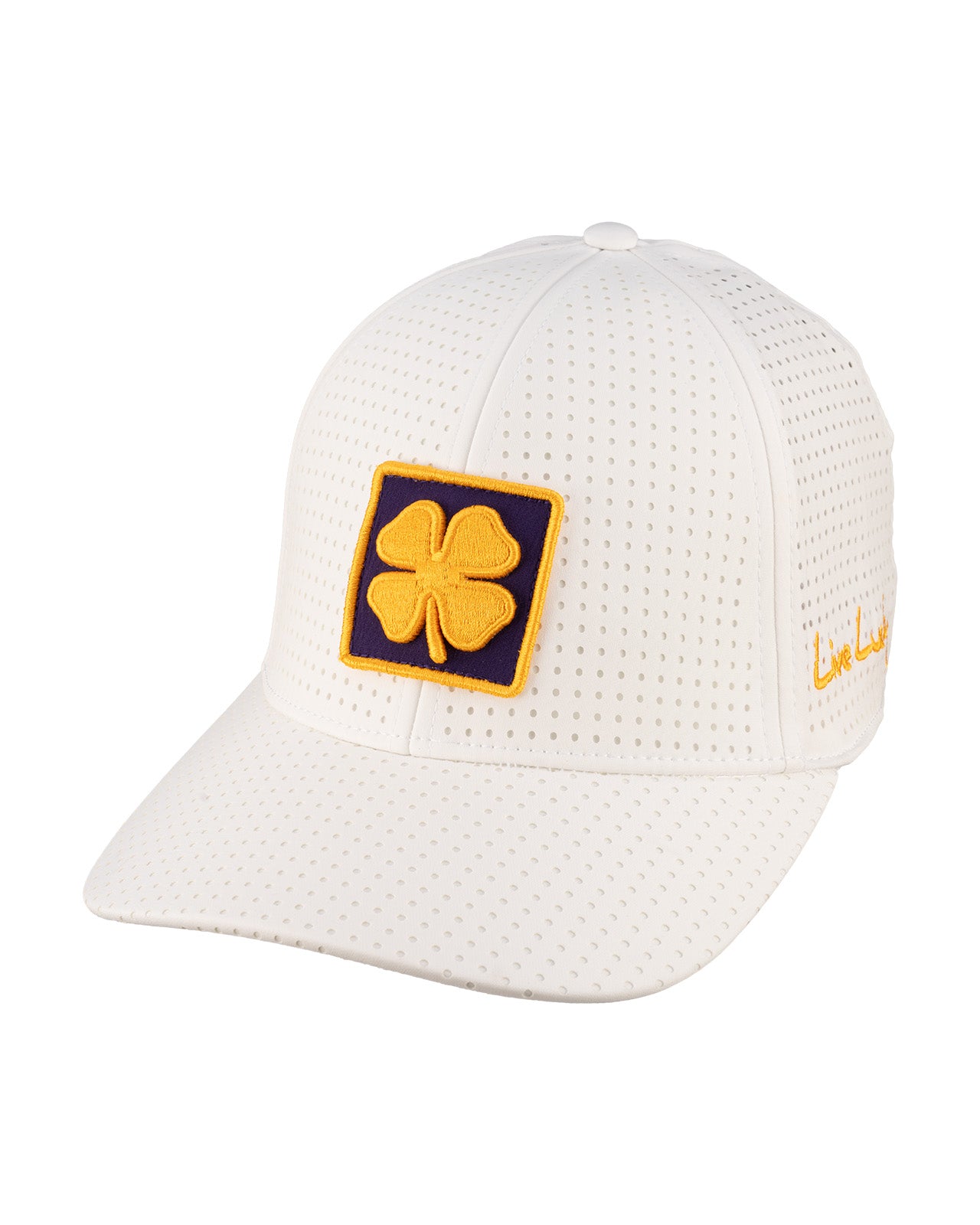 white perforated hat from Black Clover featuring LSU logo