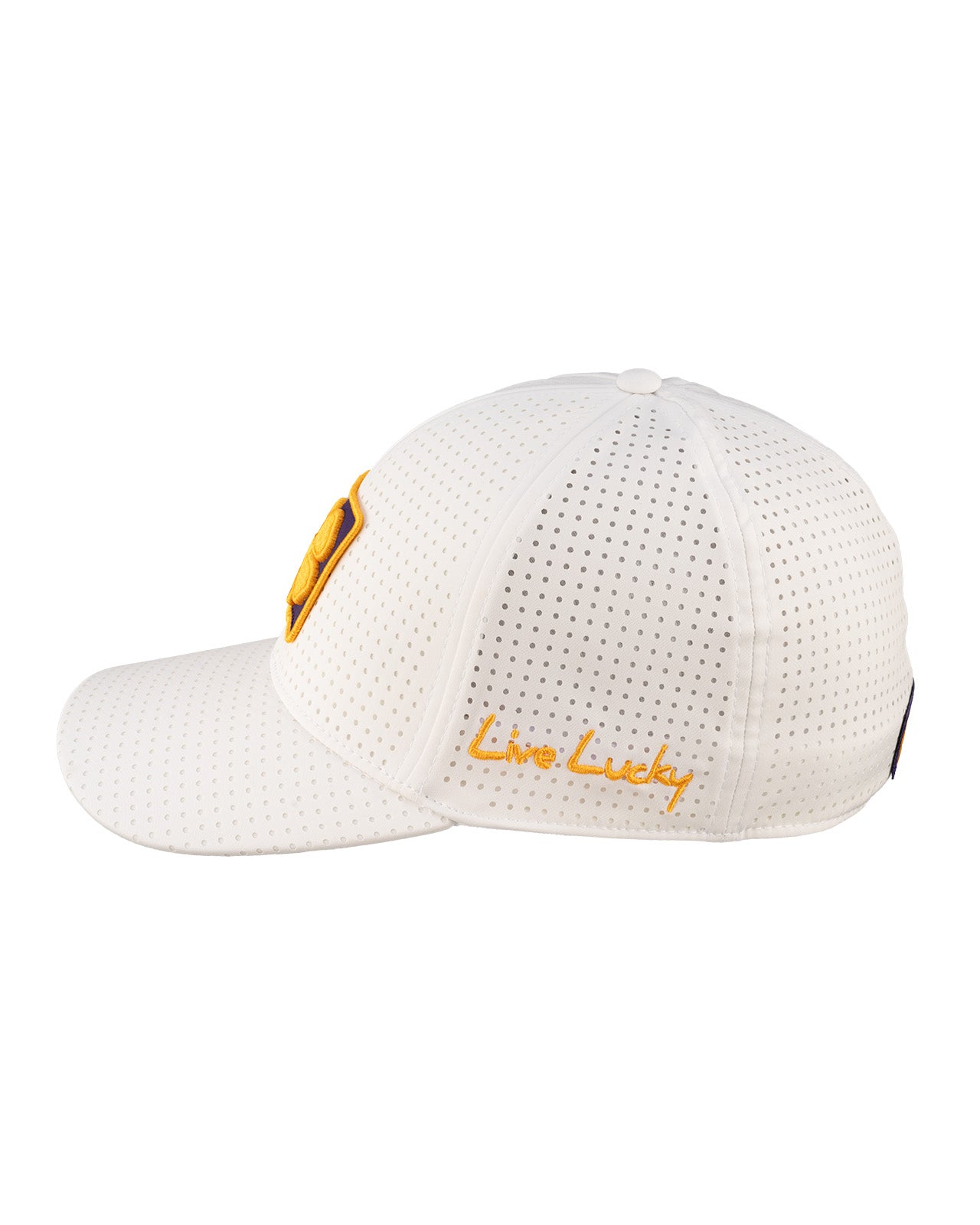 white perforated hat from Black Clover featuring LSU logo