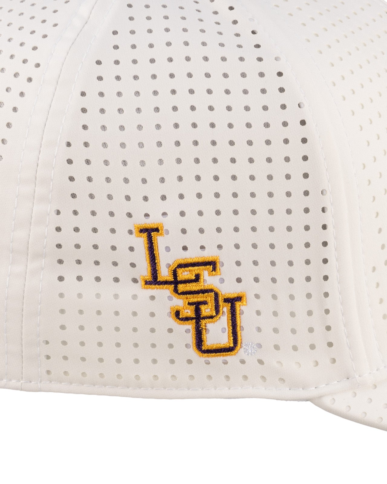 white perforated hat from Black Clover featuring LSU logo