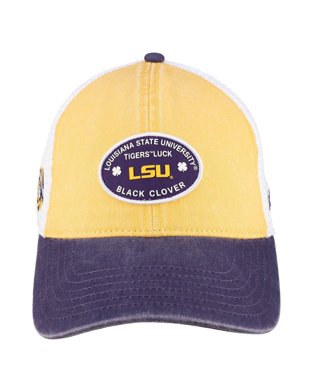 yellow and purple two tone vintage style hat from Black Clover featuring LSU Tigers logo