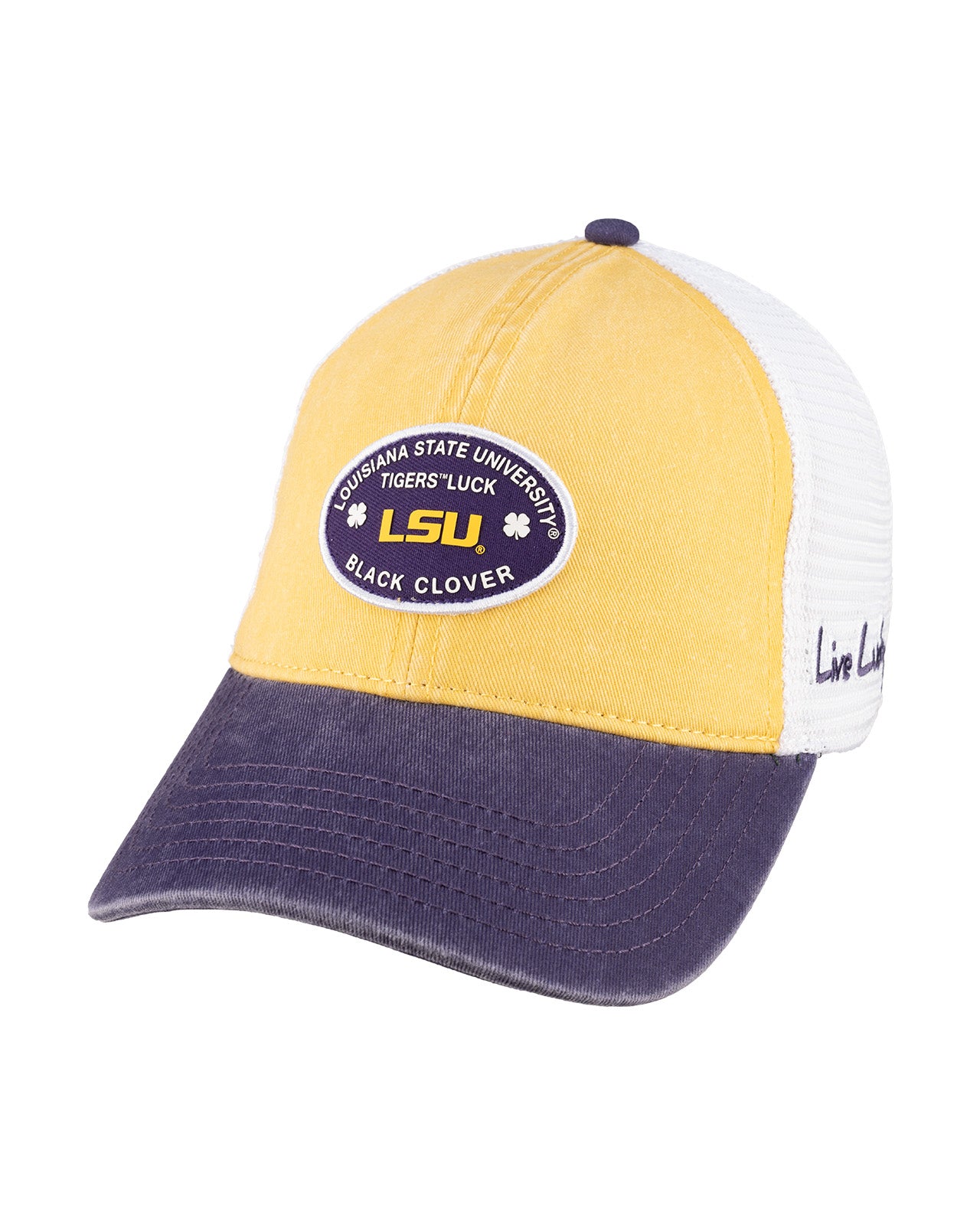 yellow and purple two tone vintage style hat from Black Clover featuring LSU Tigers logo