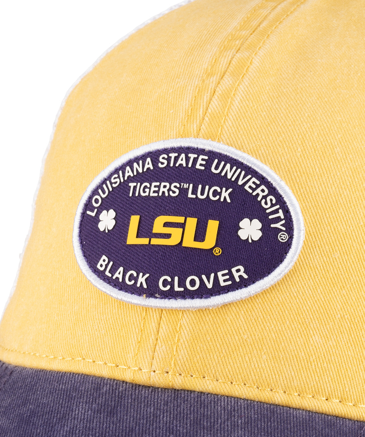 yellow and purple two tone vintage style hat from Black Clover featuring LSU Tigers logo