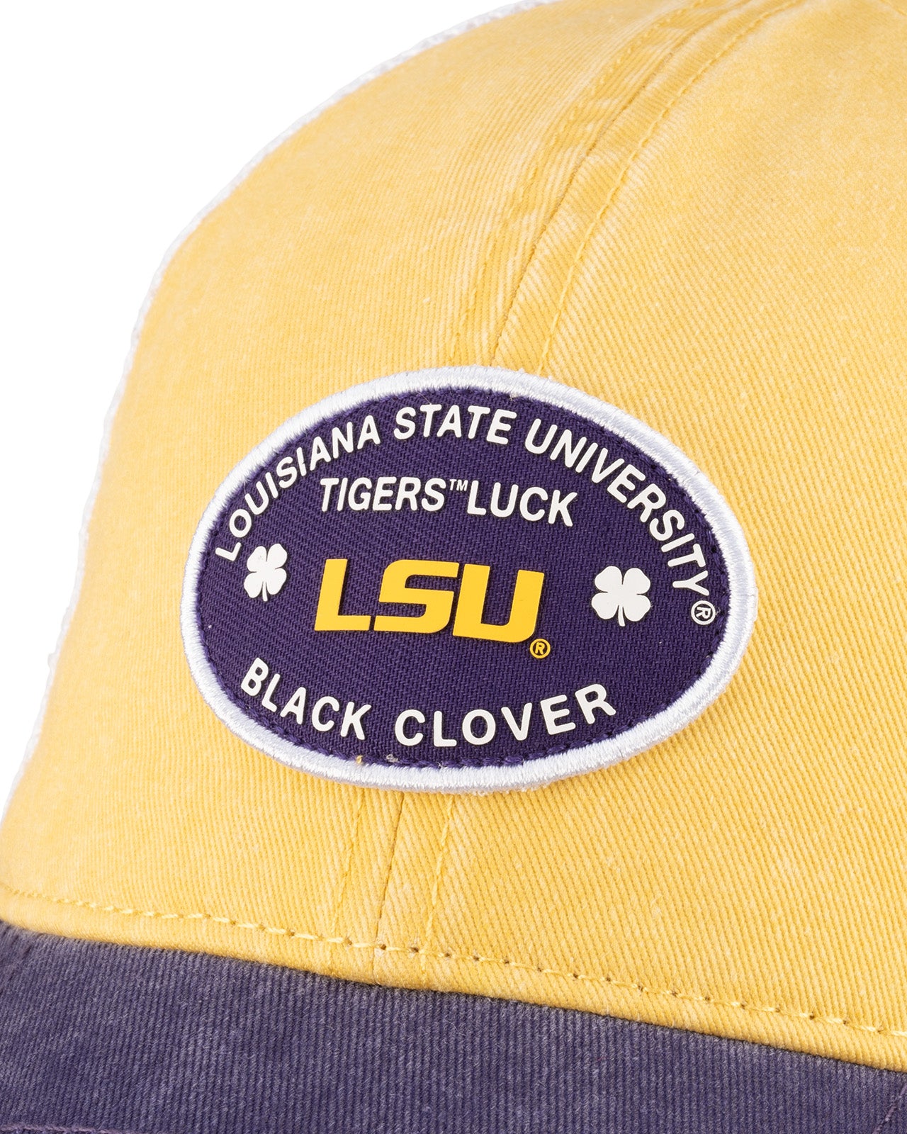 yellow and purple two tone vintage style hat from Black Clover featuring LSU Tigers logo