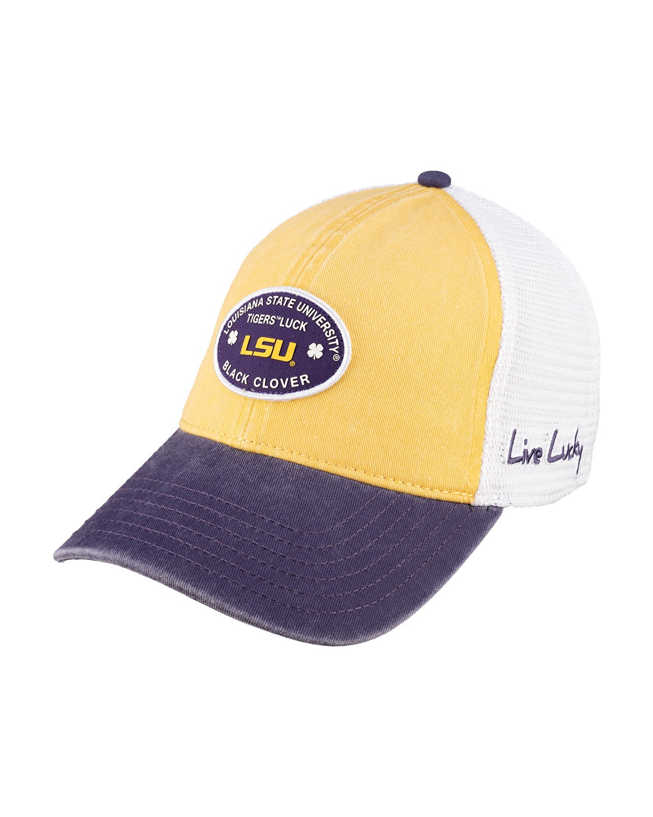 yellow and purple two tone vintage style hat from Black Clover featuring LSU Tigers logo