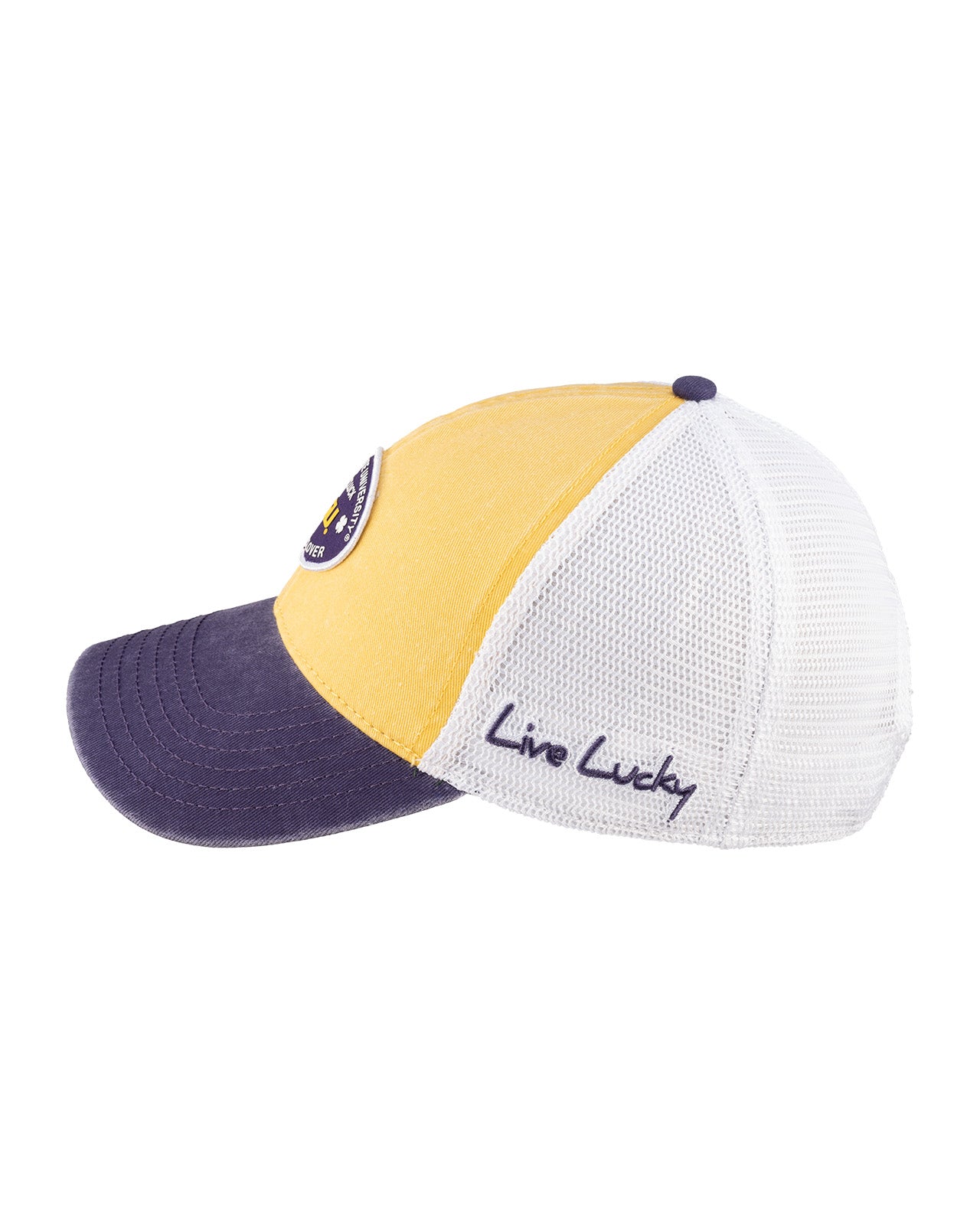 yellow and purple two tone vintage style hat from Black Clover featuring LSU Tigers logo