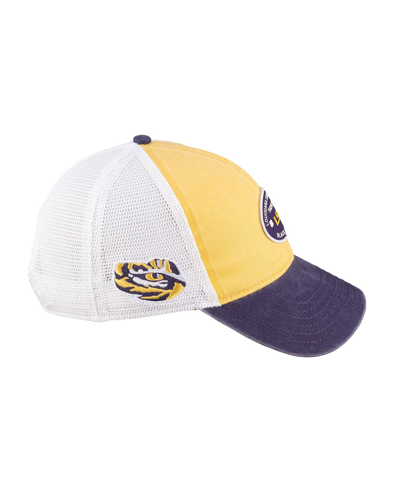 yellow and purple two tone vintage style hat from Black Clover featuring LSU Tigers logo