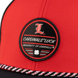 Red and black two tone hat from Black Clover featuring Louisville Cardinals logo