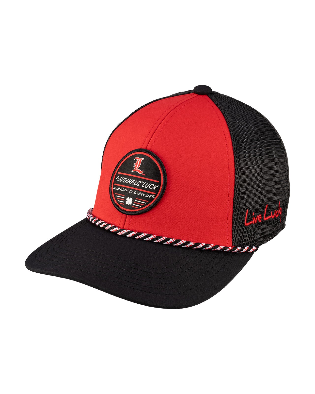 Red and black two tone hat from Black Clover featuring Louisville Cardinals logo