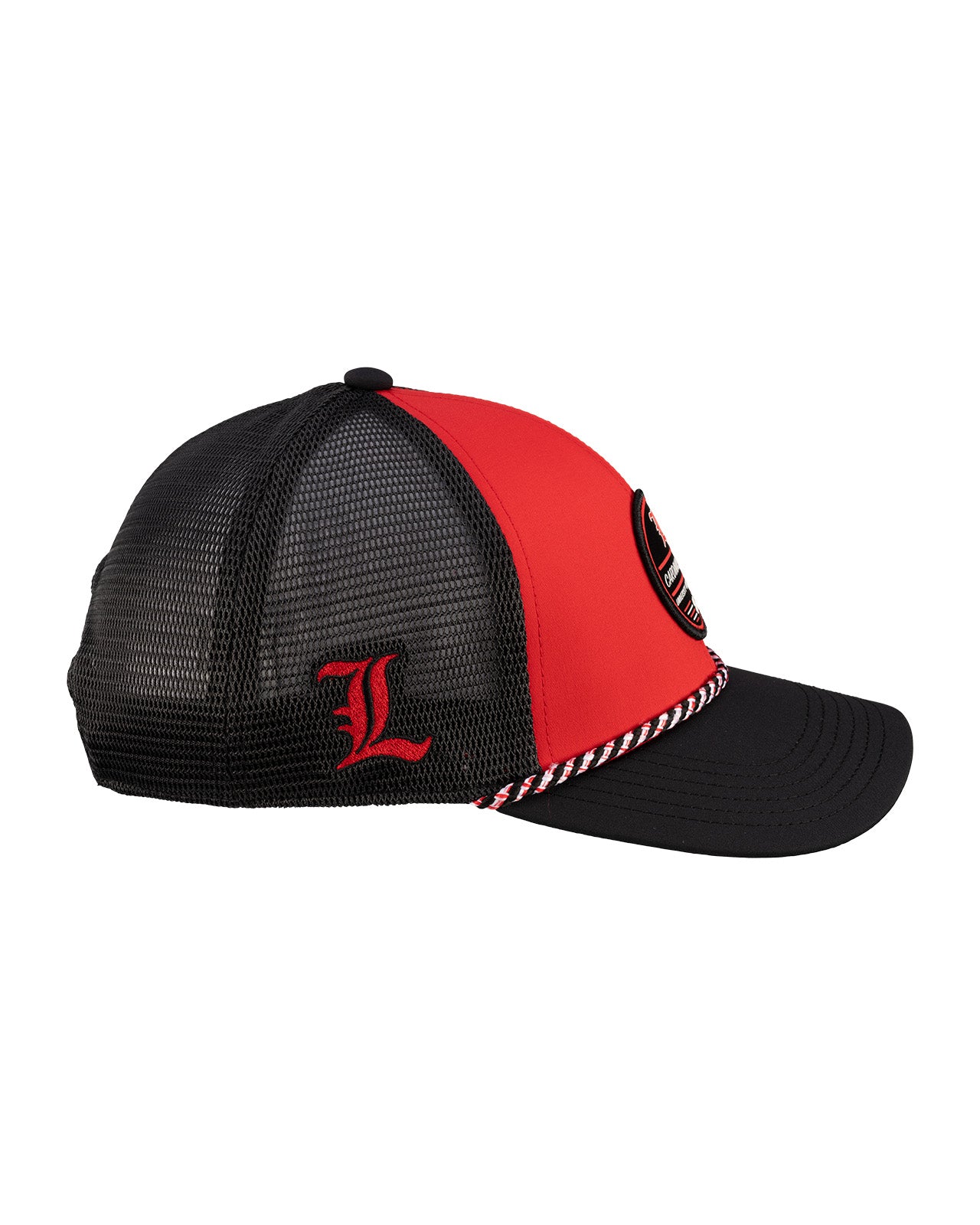 Red and black two tone hat from Black Clover featuring Louisville Cardinals logo