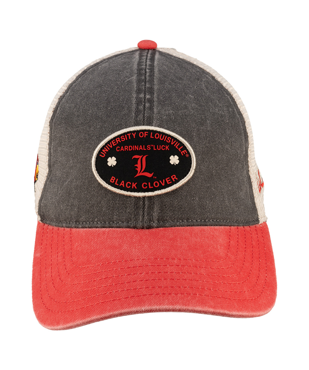 Red and black two tone style vintage hat from Black Clover featuring University of Louisville Cardinals logo