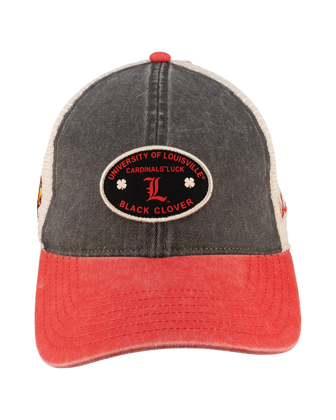 Red and black two tone style vintage hat from Black Clover featuring University of Louisville Cardinals logo